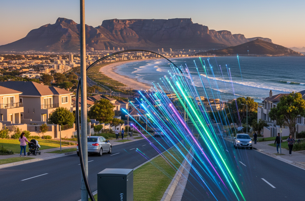 Conceptual image of light signals travelling through fibre optic cable, illustrating the high-speed, reliable, loadshedding-resilient connectivity provided by Lightstruck across Southern Africa