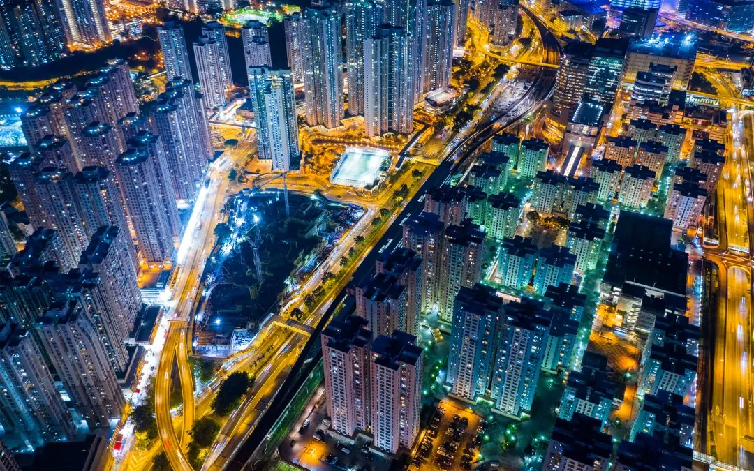 Aerial view of Hong Kong city at night