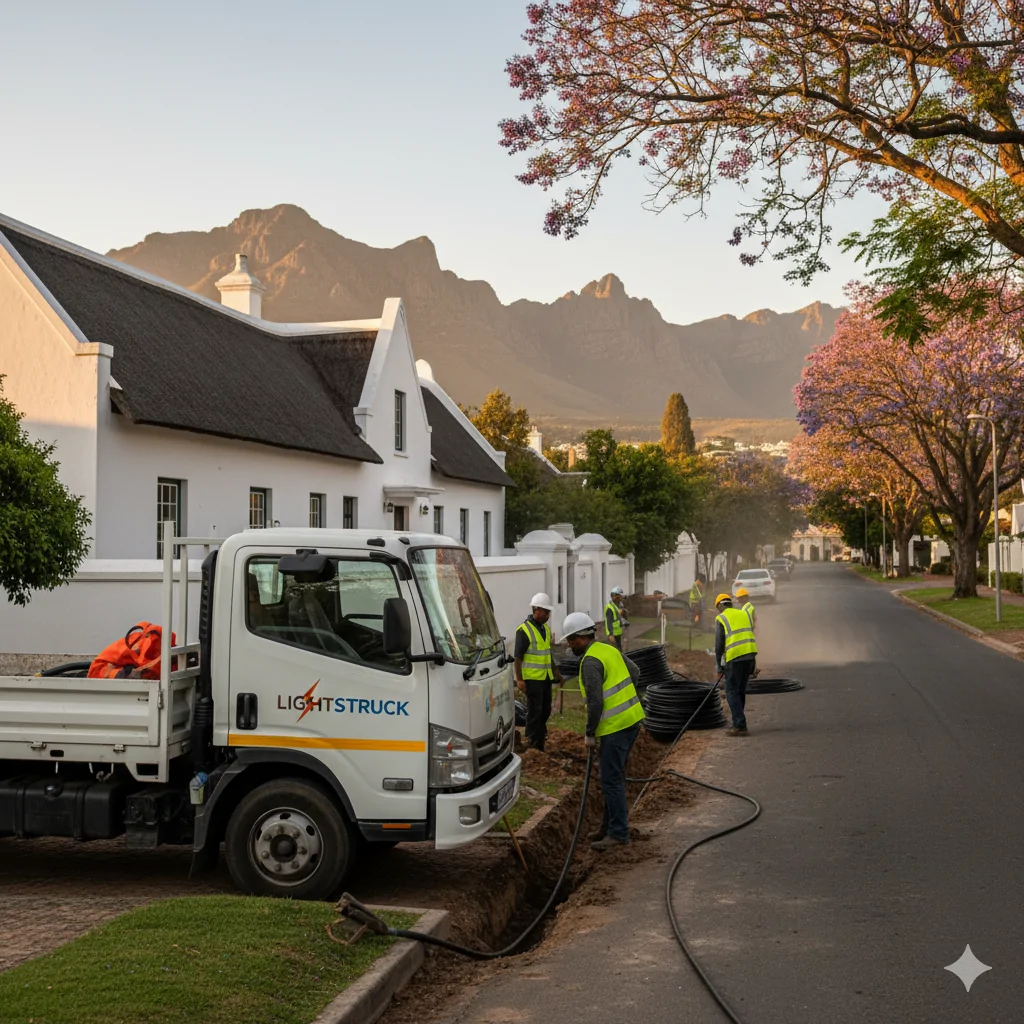 Lightstruck fibre installation with workers laying cables on a street in Stellenbosch, South Africa