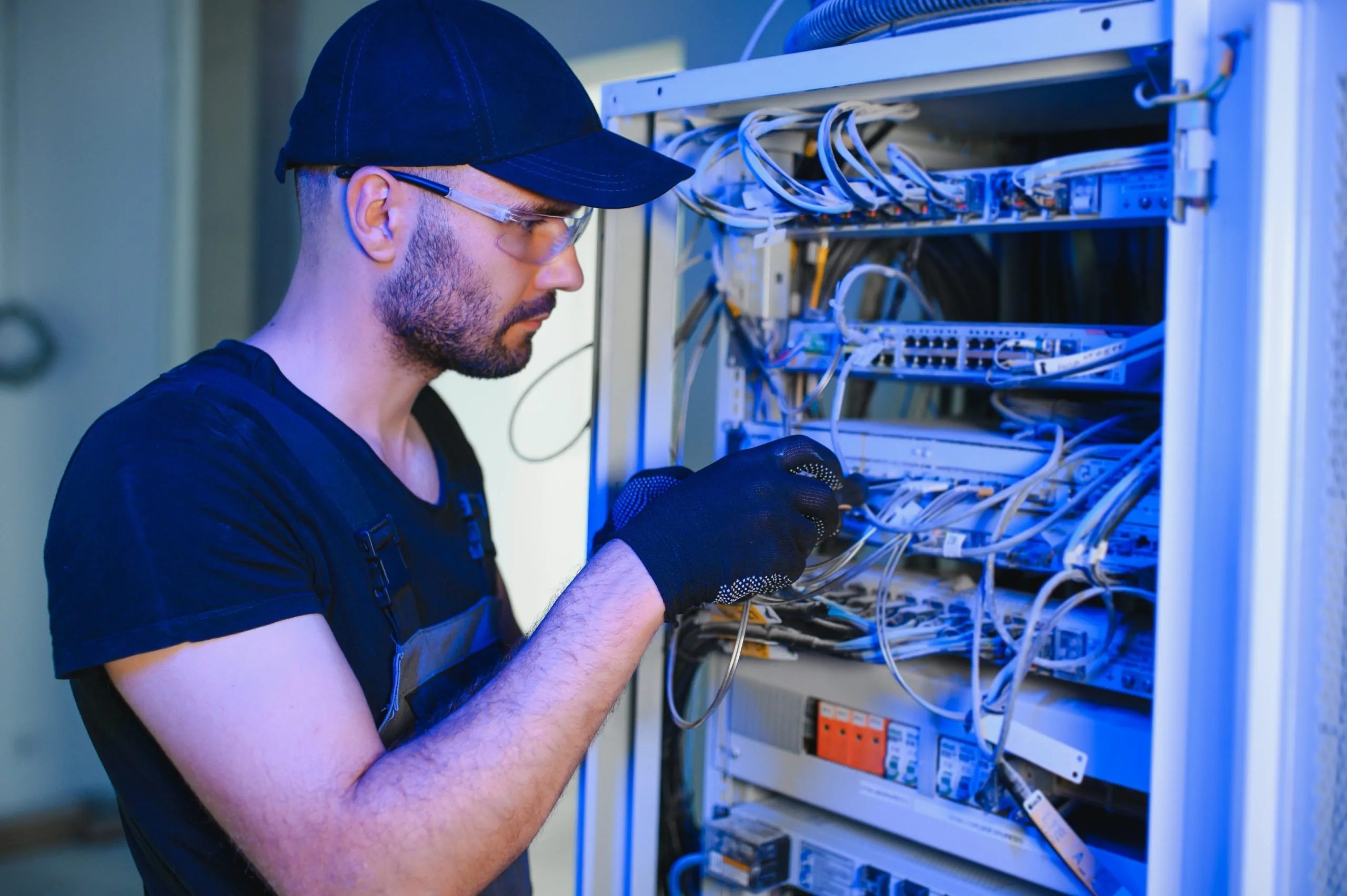 Repairman is busy and working with internet equipment and wires in server room