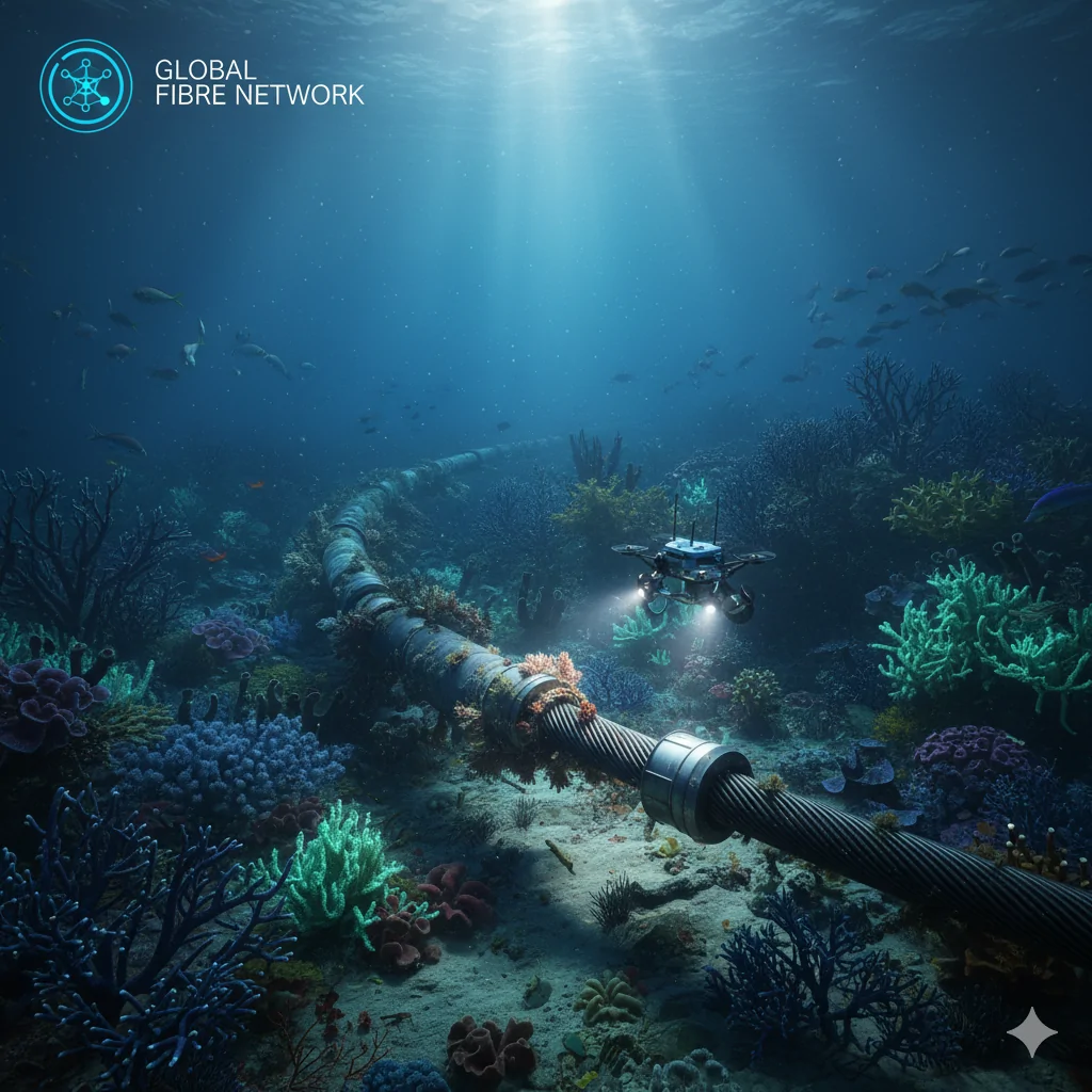 Submarine fibre optic cable lying on the ocean floor surrounded by marine life and coral, with an underwater ROV inspecting it